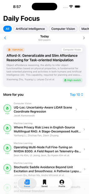 A feed of arXiv papers ranked by relevance to the user's interests