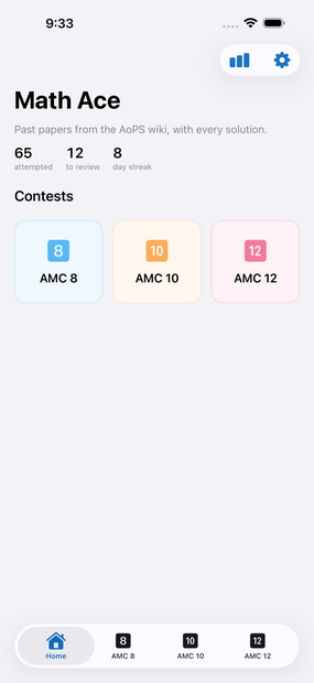 Math Ace home screen with a card for AMC 8, AMC 10 and AMC 12