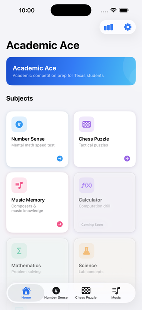 Academic Ace home screen showing the list of subjects