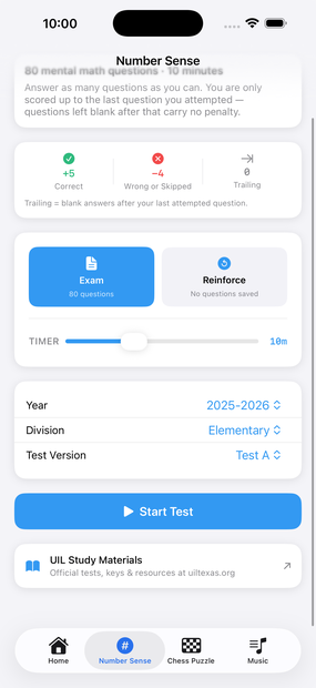 A Number Sense practice test in progress with a countdown timer