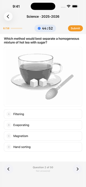 A Science question with its diagram, answer choices and a countdown timer