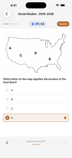 A Social Studies map question with answer choices and a countdown timer